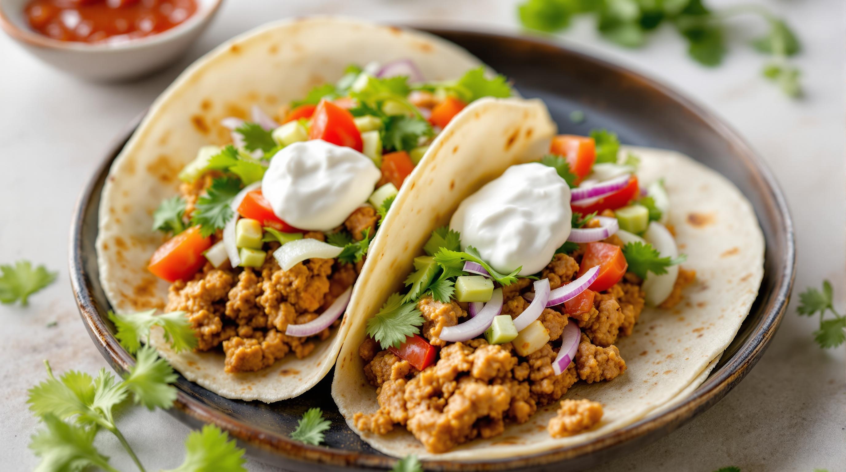 High protein turkey tacos with pico de gallo and sour cream